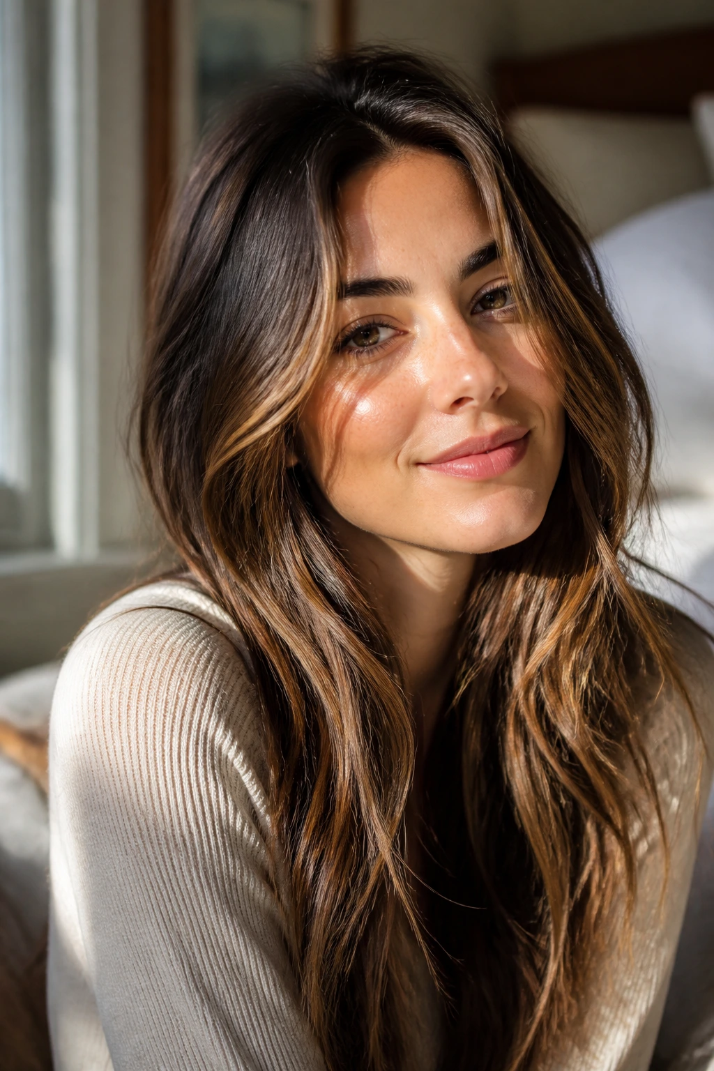 Close-up portrait of brunette woman with spring-brunette hair and caramel highlights in soft window light