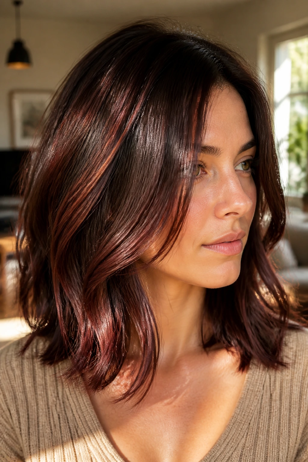 Close-up of brunette hair with cherry cola dimension catching sunlight