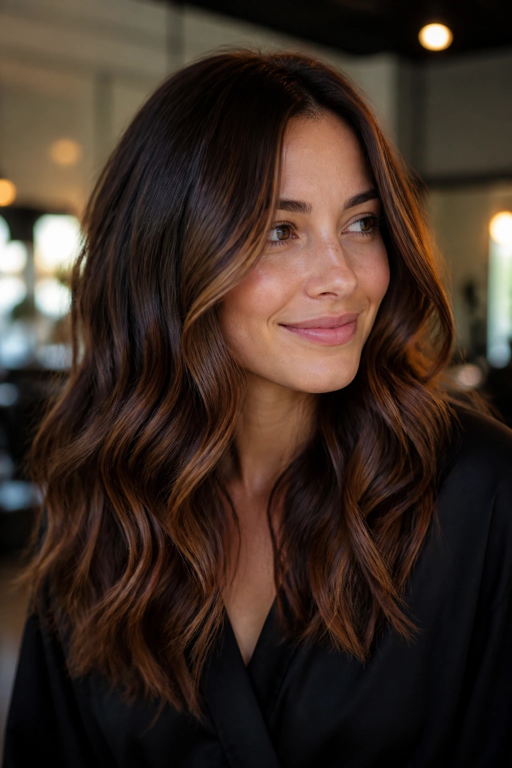 Close-up of brunette with chestnut ribbon balayage in soft waves