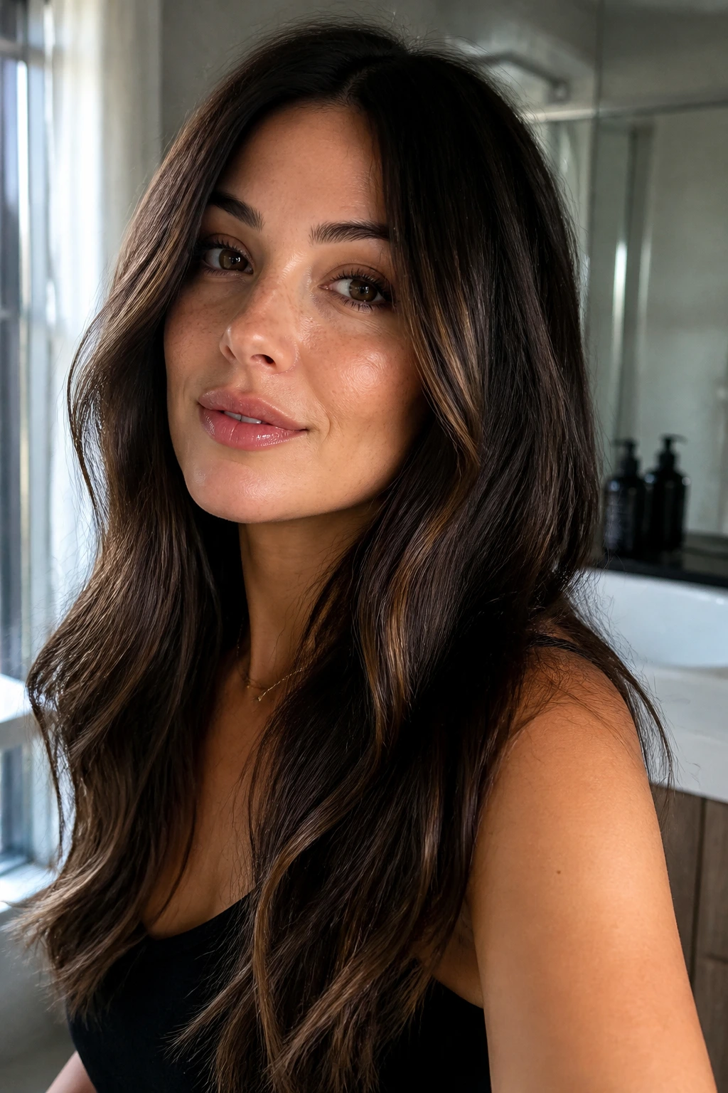 Close-up of a brunette color with glossy roots and natural shine