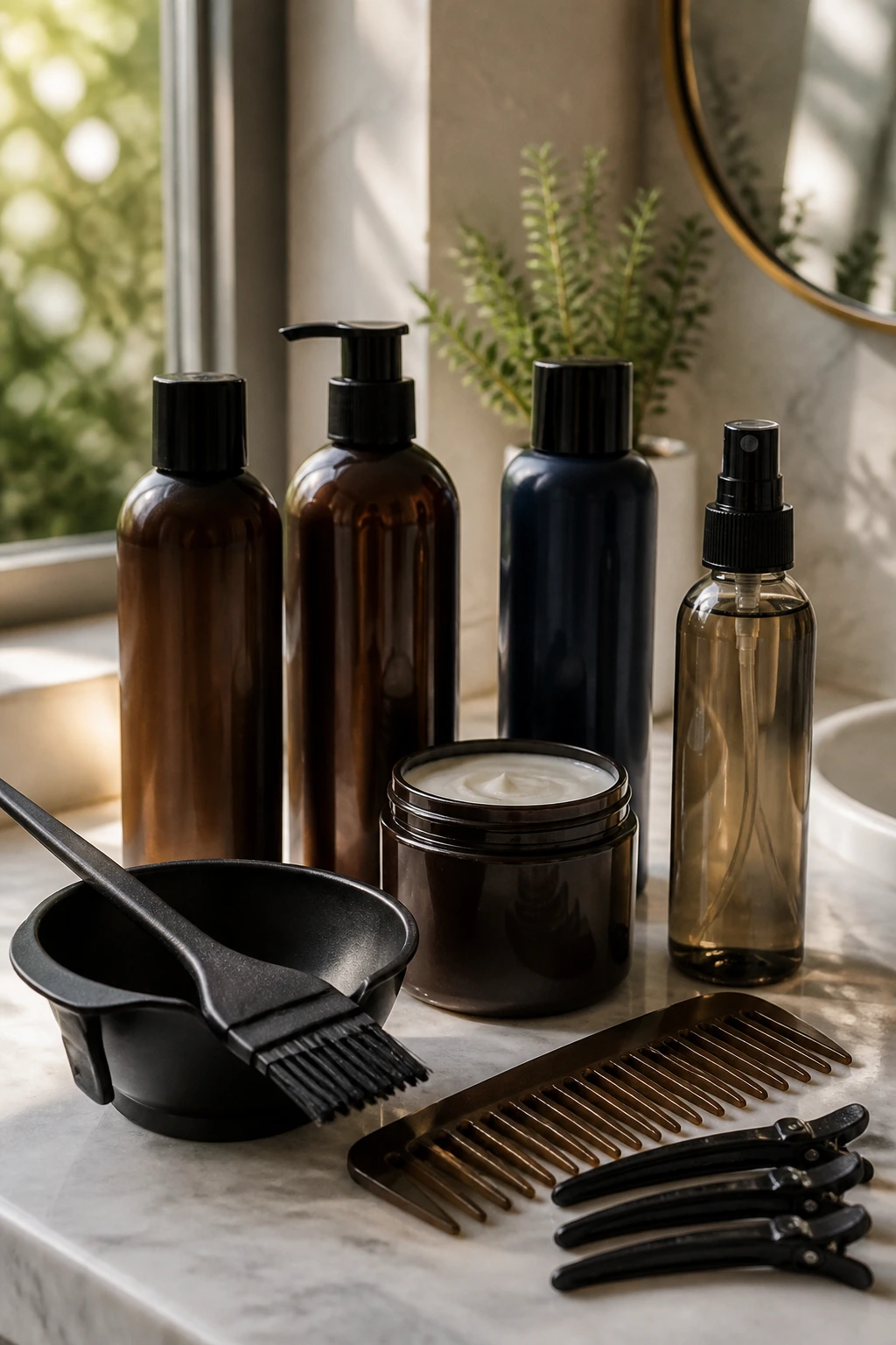 Close-up of unlabeled brunette hair-care bottles and tools on a bathroom counter with natural light.