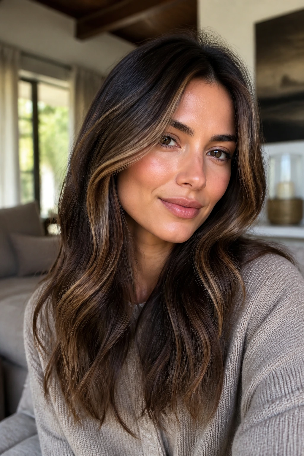 Portrait of a real woman with luminous brunette color and face-framing brightness