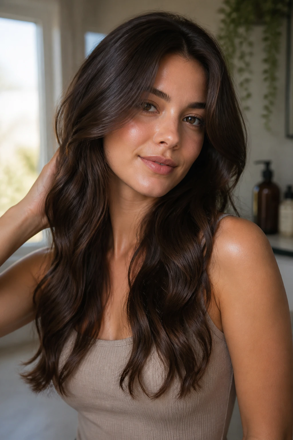 Close-up of brunette color looking fresh and glossy