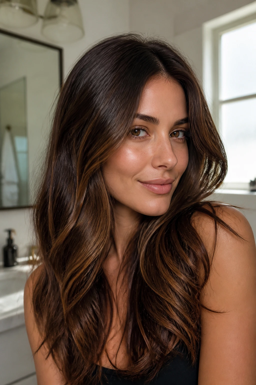 Close-up portrait of a real woman with glossy brunette hair and warm highlights.