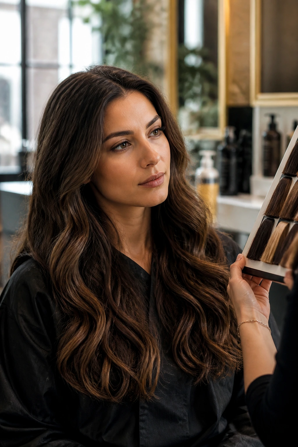 Close-up portrait of a brunette woman in a salon chair with long wavy hair
