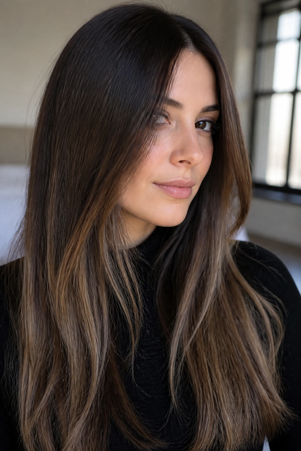 Real brunette with subtle color variations in hair