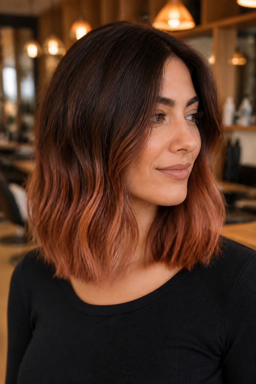 Close-up of a real woman with brunette to copper penny ends on shoulder-length hair