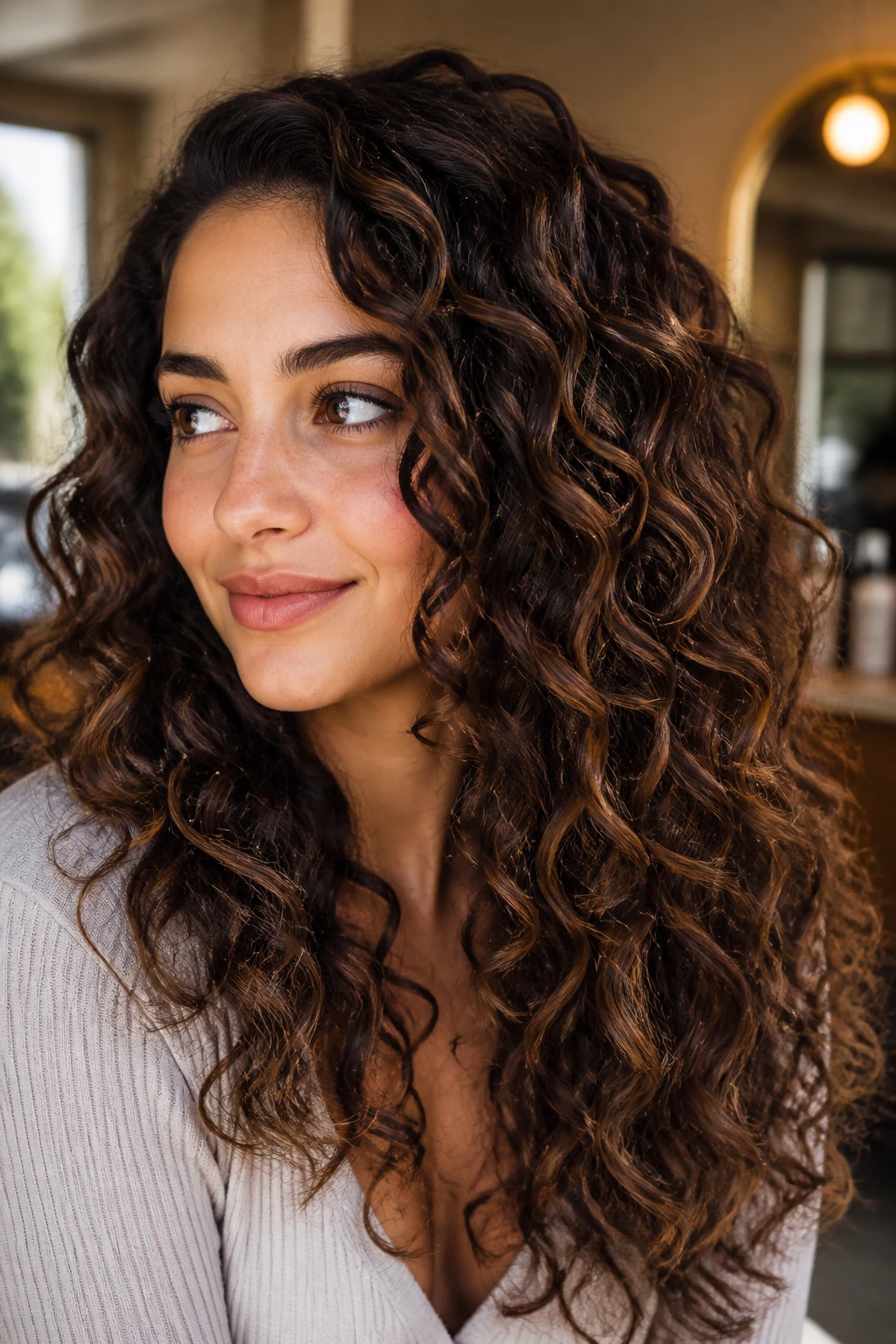 Close-up of a real woman with curly brunette hair showing dimensional color
