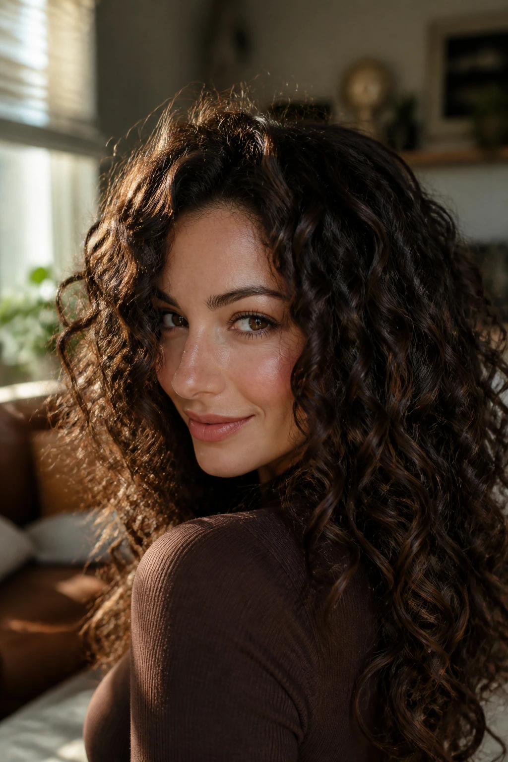 Close-up of brunette curly hair with deep color and shine in a warm living room.