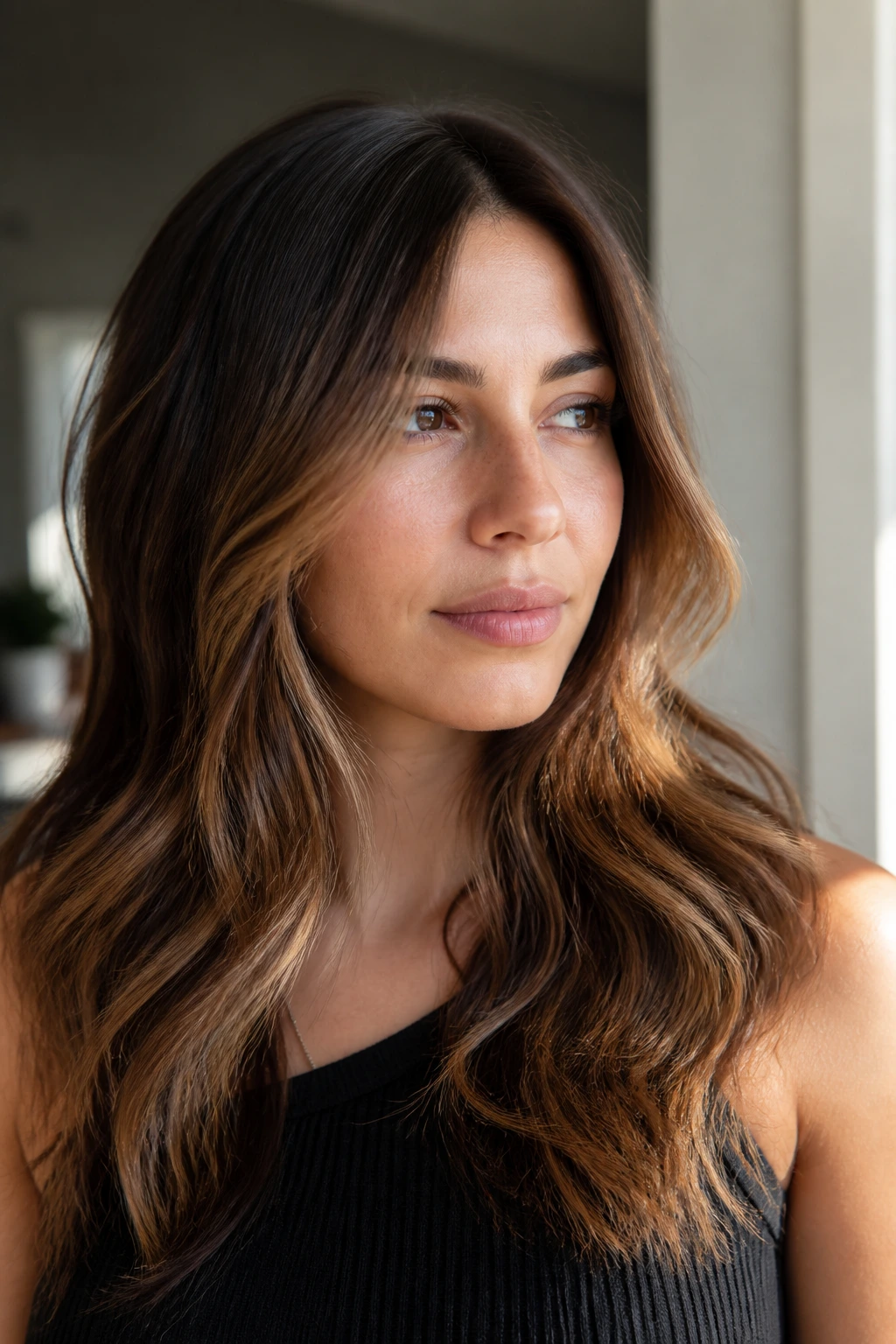 Portrait showing brunette dimension with subtle balayage ribbons.