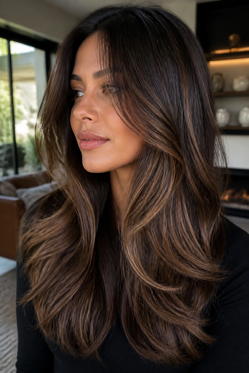 Portrait highlighting brunette dimension with layered hair on long thick hair.