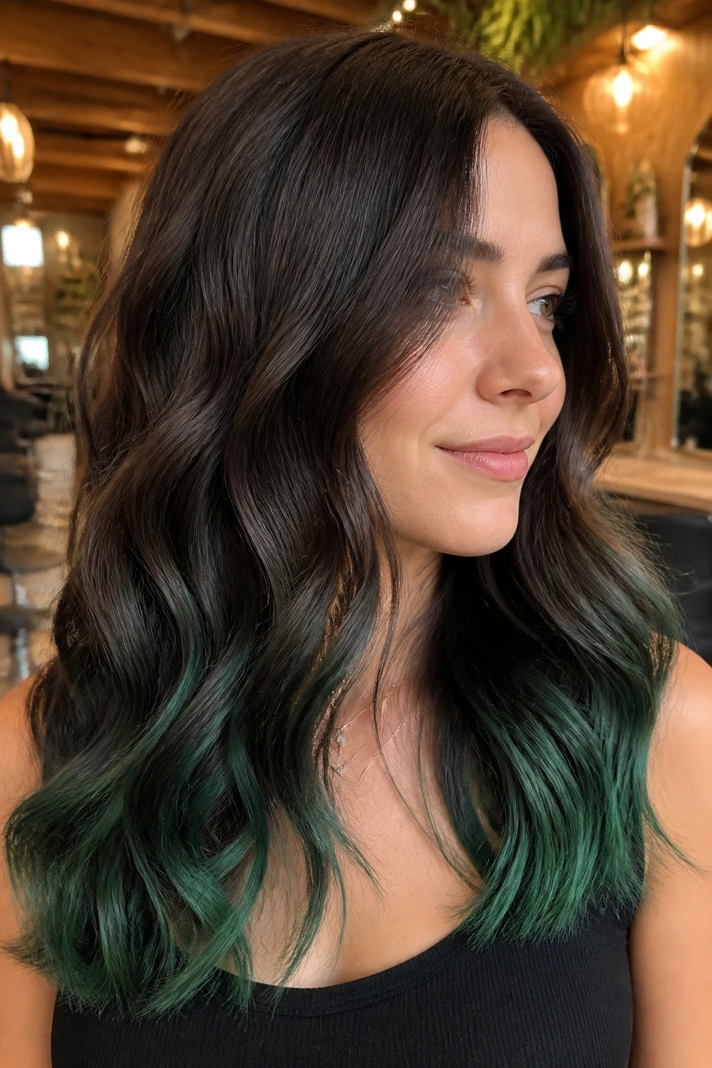 Close-up portrait of a real woman with emerald-tinted hair ends