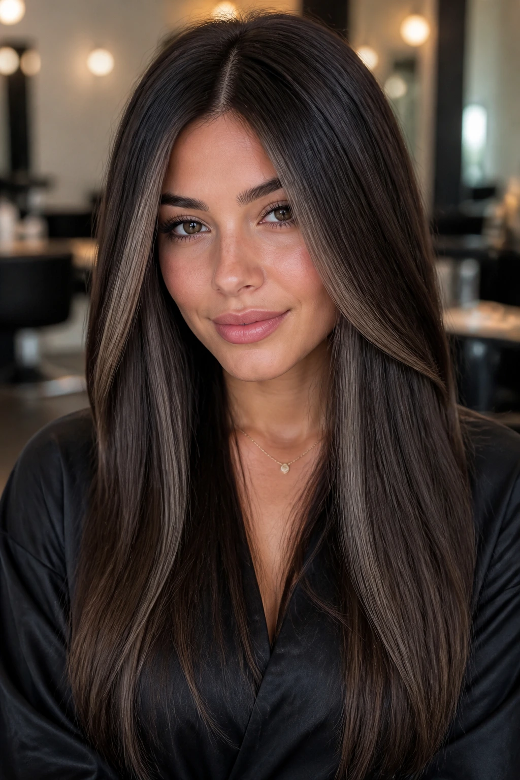 Close-up of brunette with espresso base and ash face-frame in salon lighting