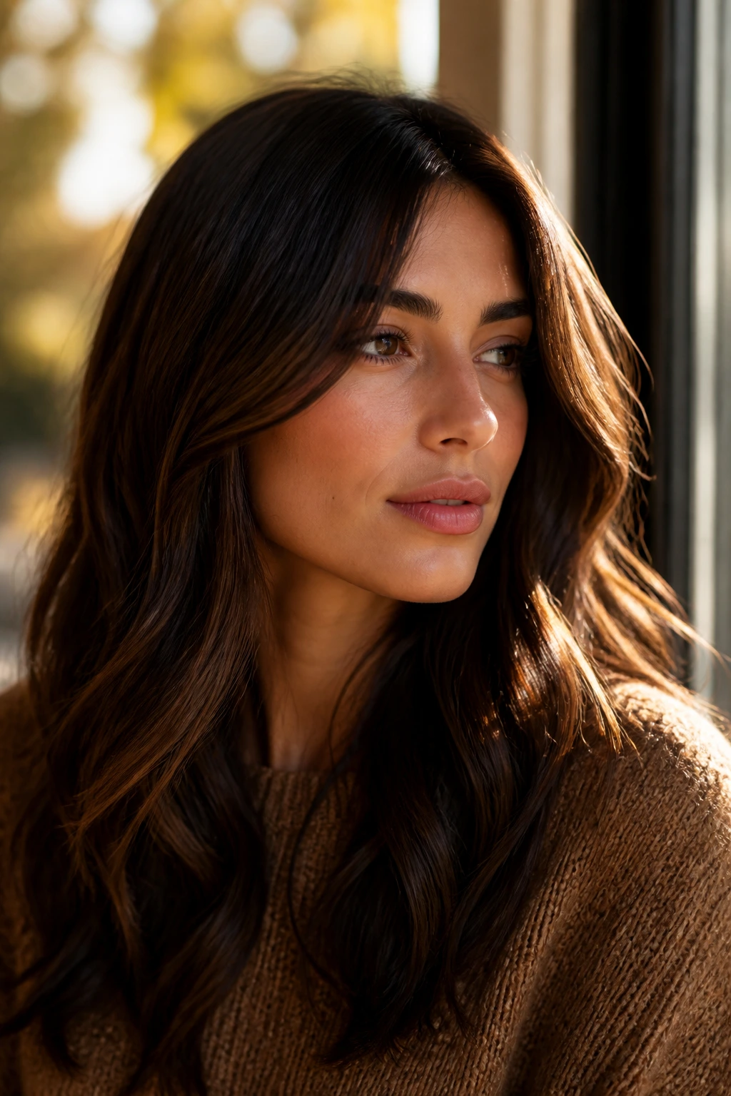 Close-up of brunette hair in fall light with glossy, rich tones on a real person.