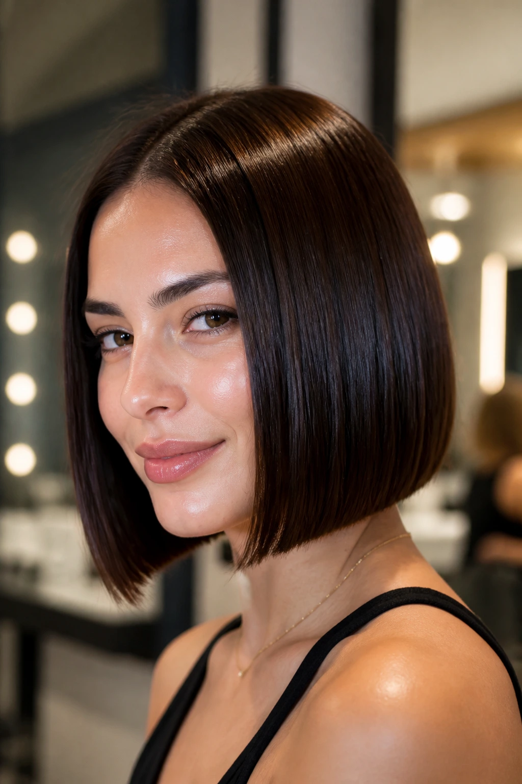 Close-up of real woman with deep brown glossy lob and high shine