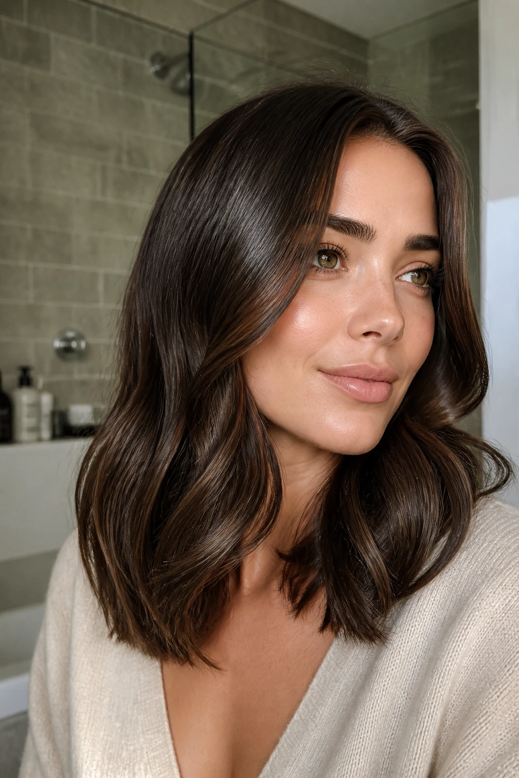 Portrait of brunette hair with glossy finish and a subtle bend on a real person.