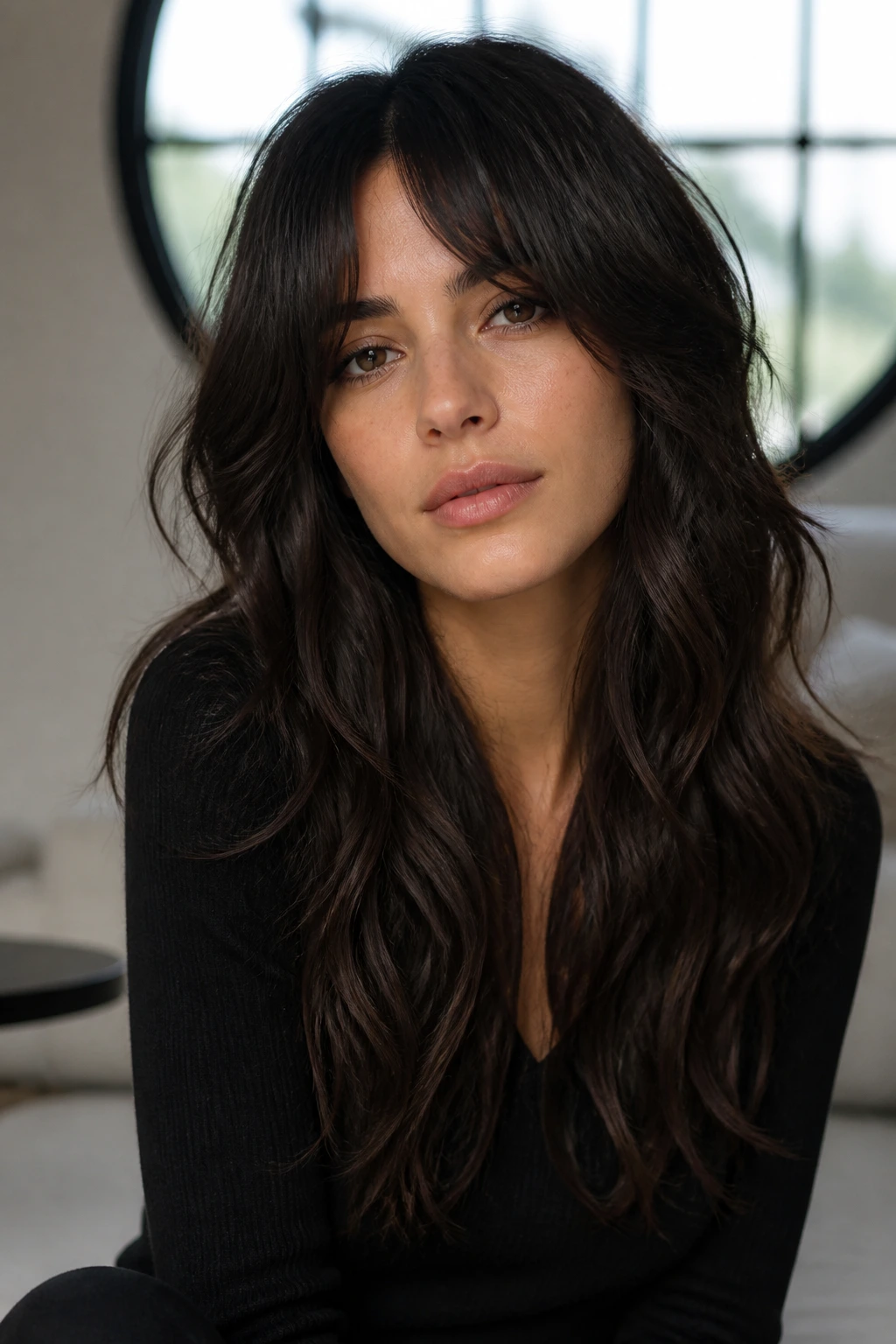 Close-up of a real woman with brunette glossy shag and subtle layering