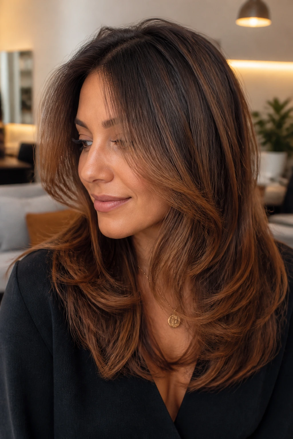 Close-up of a brunette with layered hair showing soft grow-out variation and depth