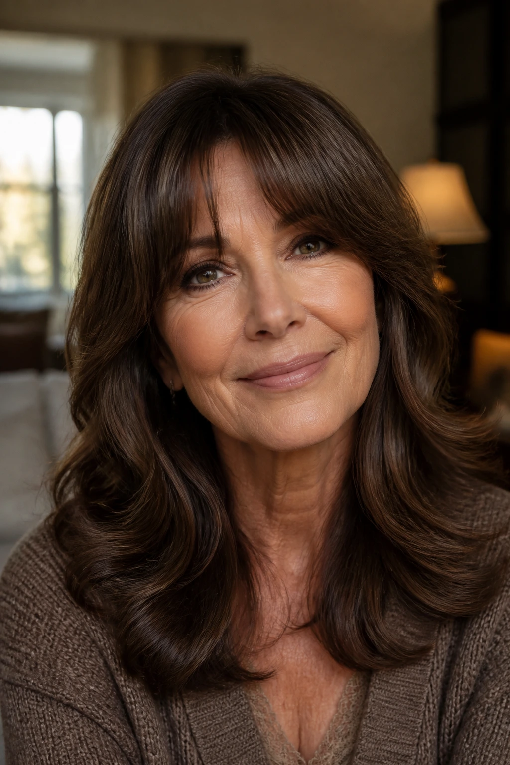Close-up portrait of an older woman with brunette hair and bangs