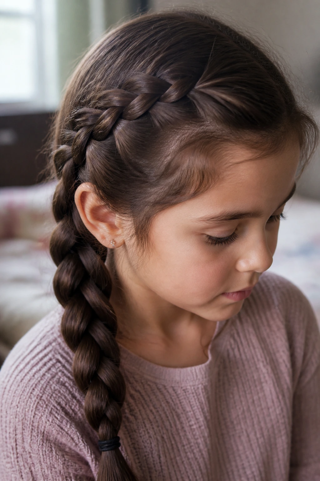 Close-up of a brunette-haired girl with a clear three-strand braid in natural window light