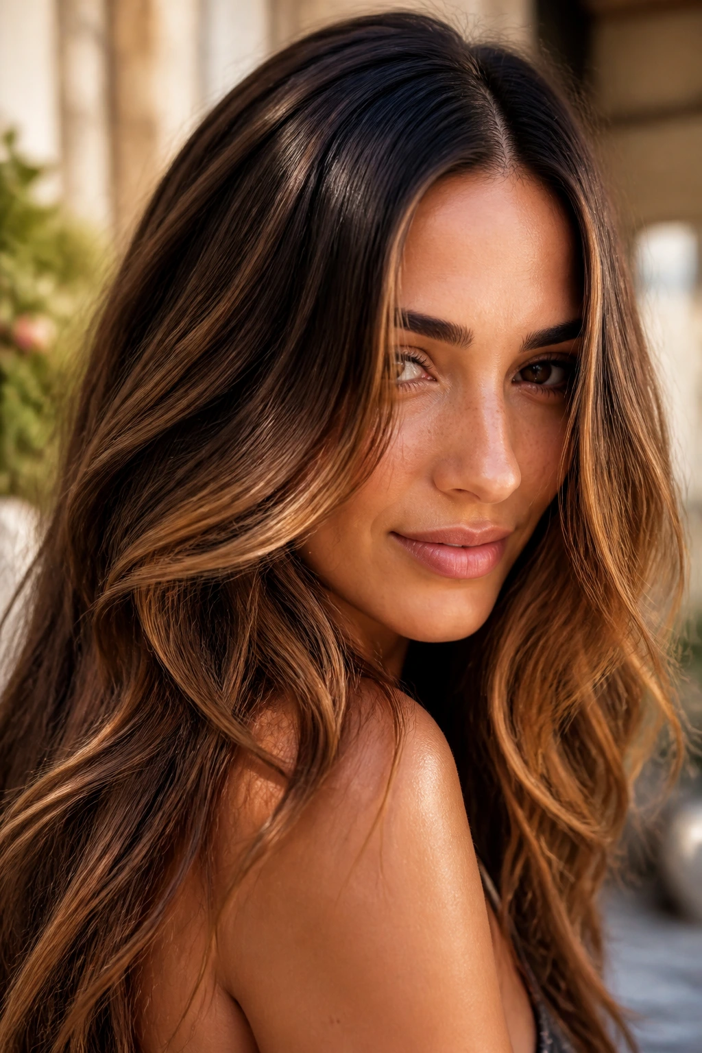 Close-up portrait of brunette hair with deep roots and lighter mids in warm daylight