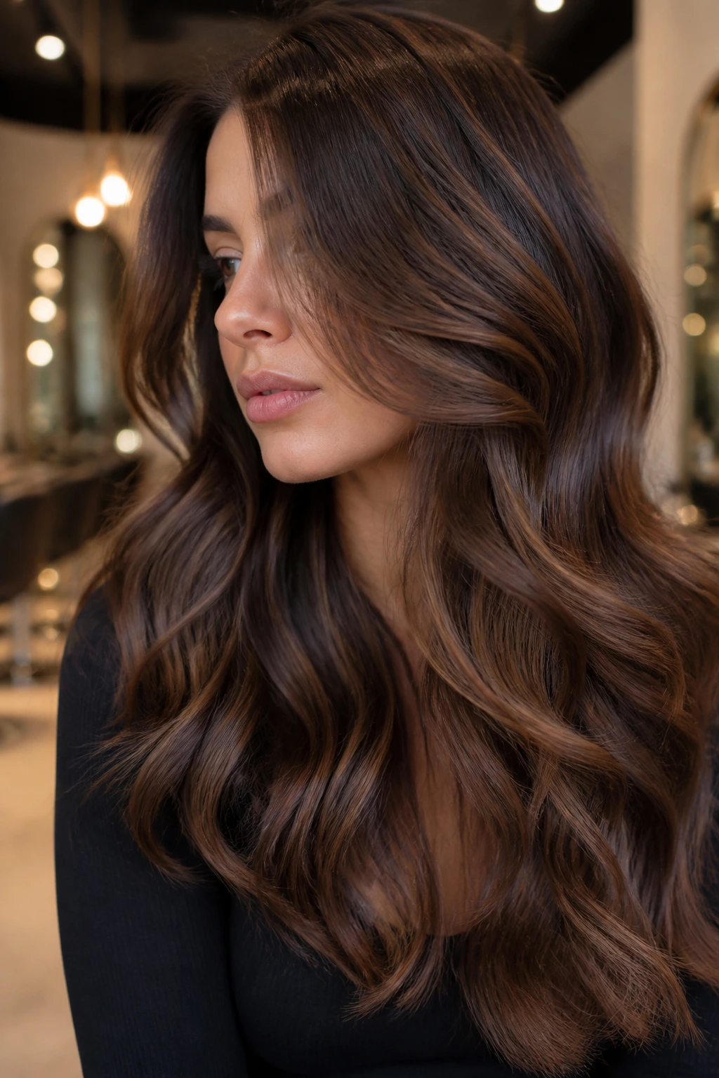 Close-up of long, wavy brunette hair with glossy dimension in a salon setting
