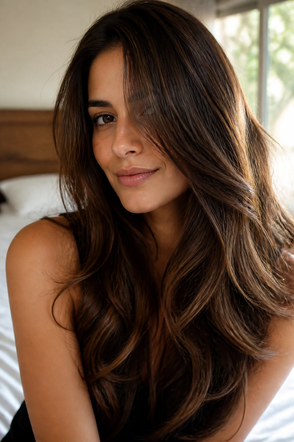 Close-up portrait of a real woman with long brunette hair showing dimensional color and depth