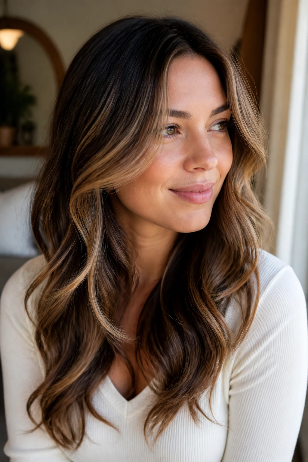 Portrait of a brunette with dimension-showing highlights and loose waves around the face