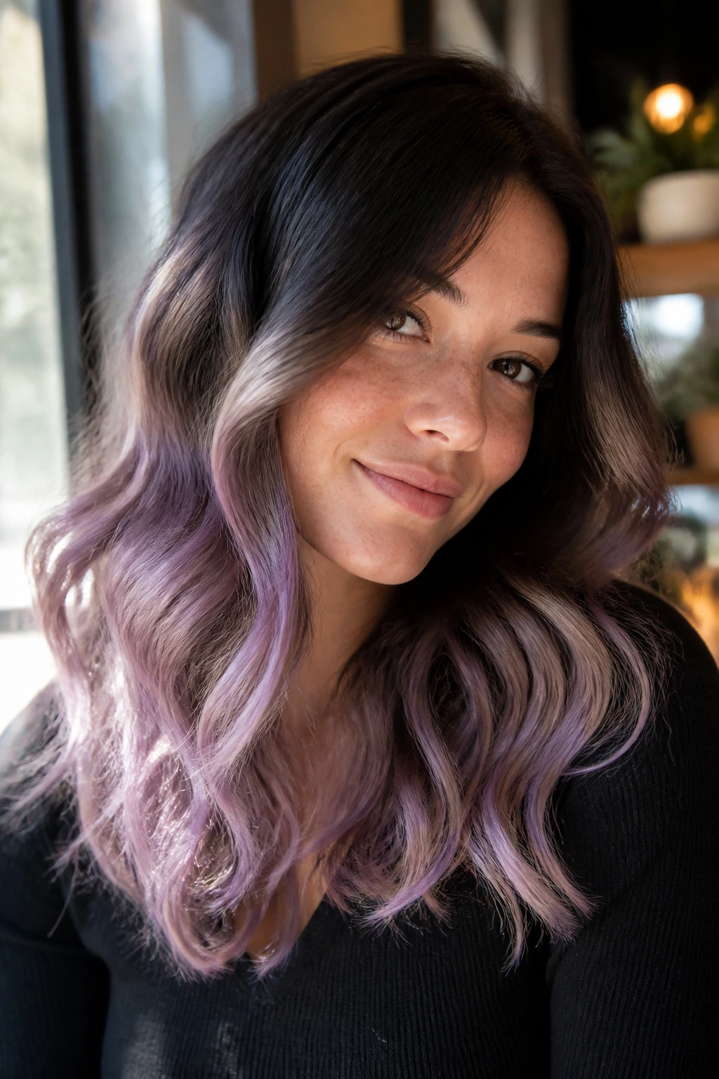 Portrait of a real woman with brunette base and lilac frost ends