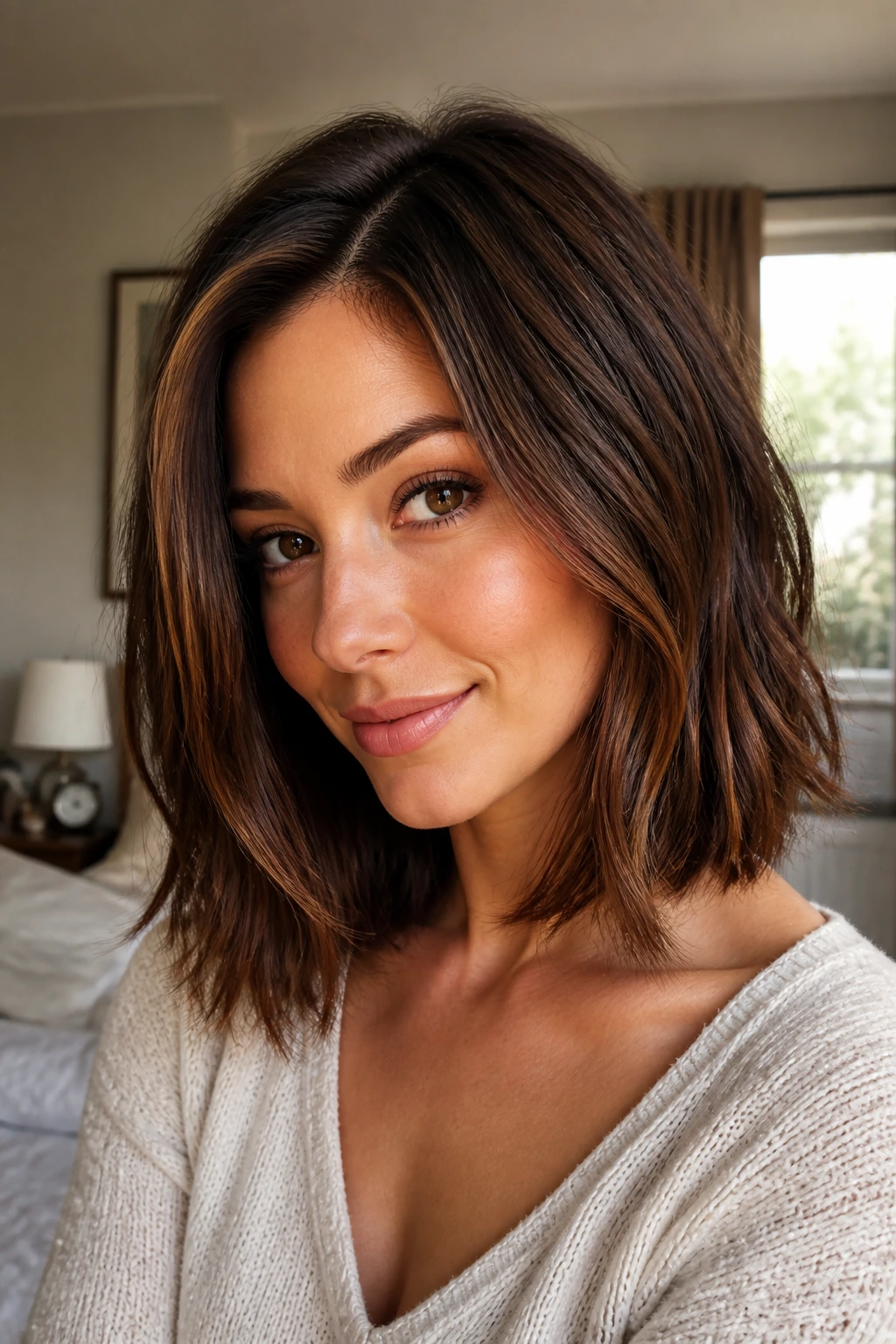 Close-up of a real woman with a warm brunette lob hitting the collarbone
