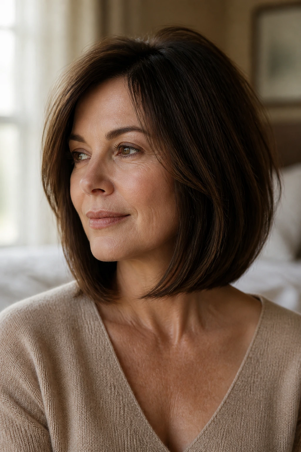 Close-up portrait of a real woman with brunette lob at collarbone length in warm, natural window light