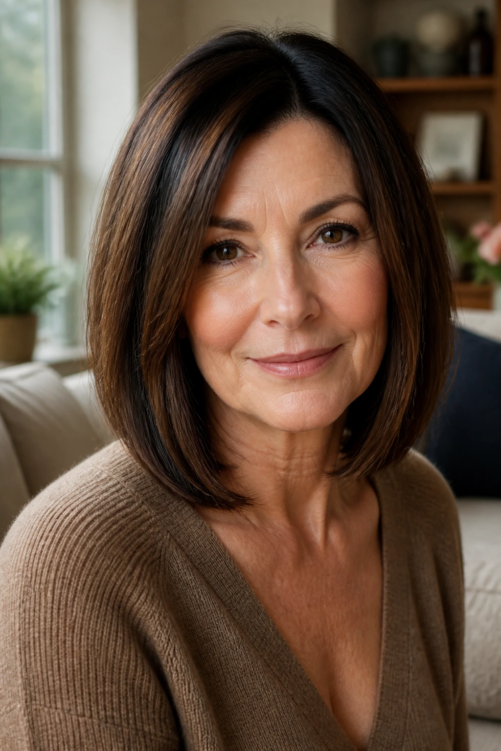 Close-up of an older real woman with a structured brunette lob in a cozy room