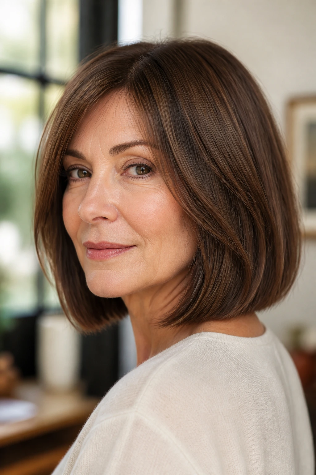Close-up of a real woman with a brunette lob that holds its shape, blunt edge and soft layers.