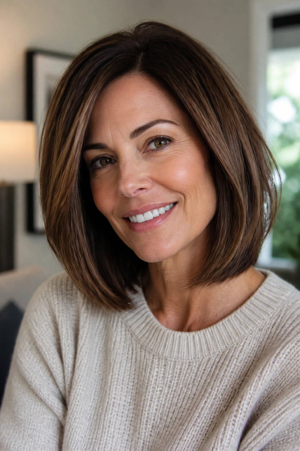 Portrait of a real woman with brunette lob and chestnut tone showing subtle dimension