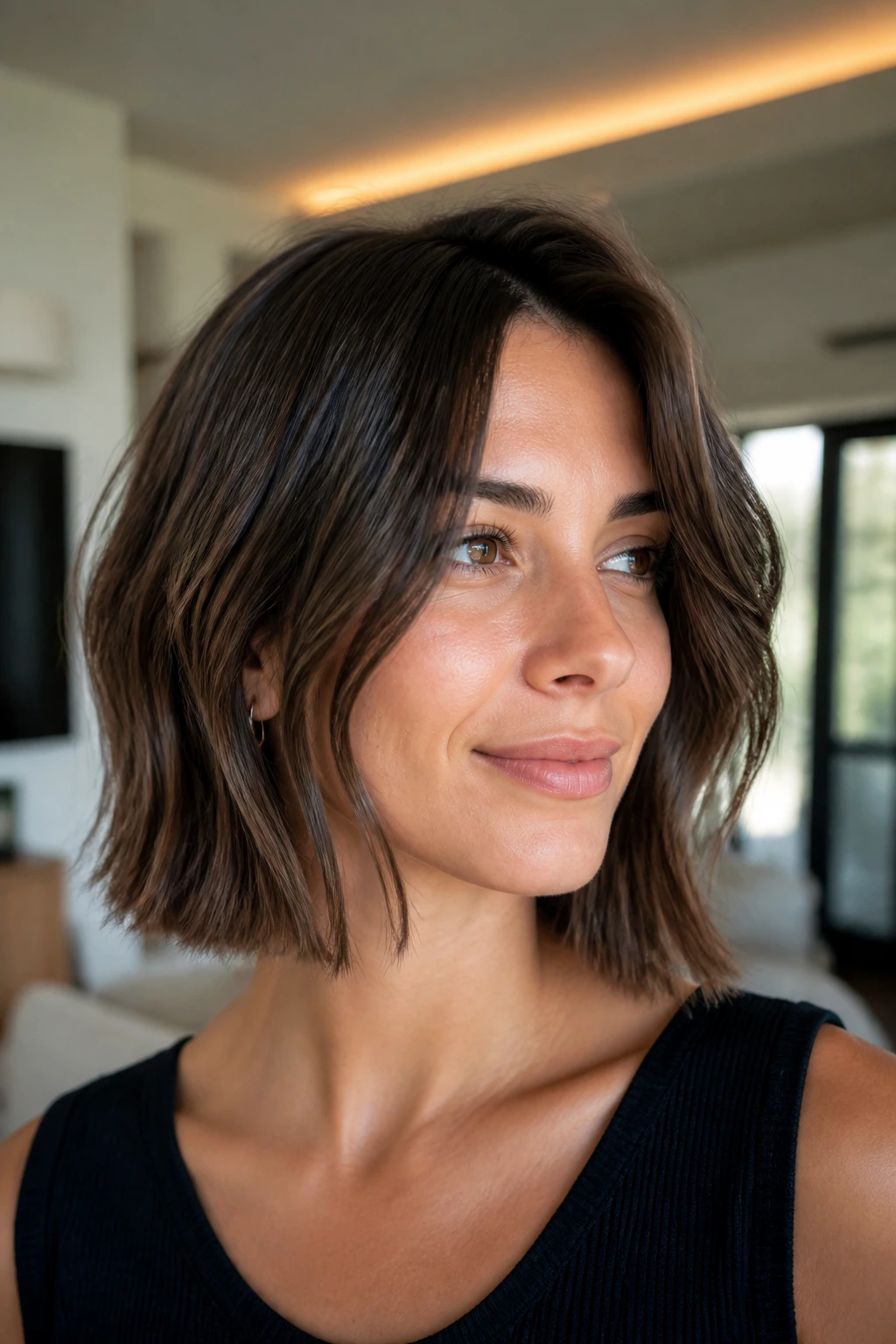 Portrait of brunette lob on real person showing variation for different hair types