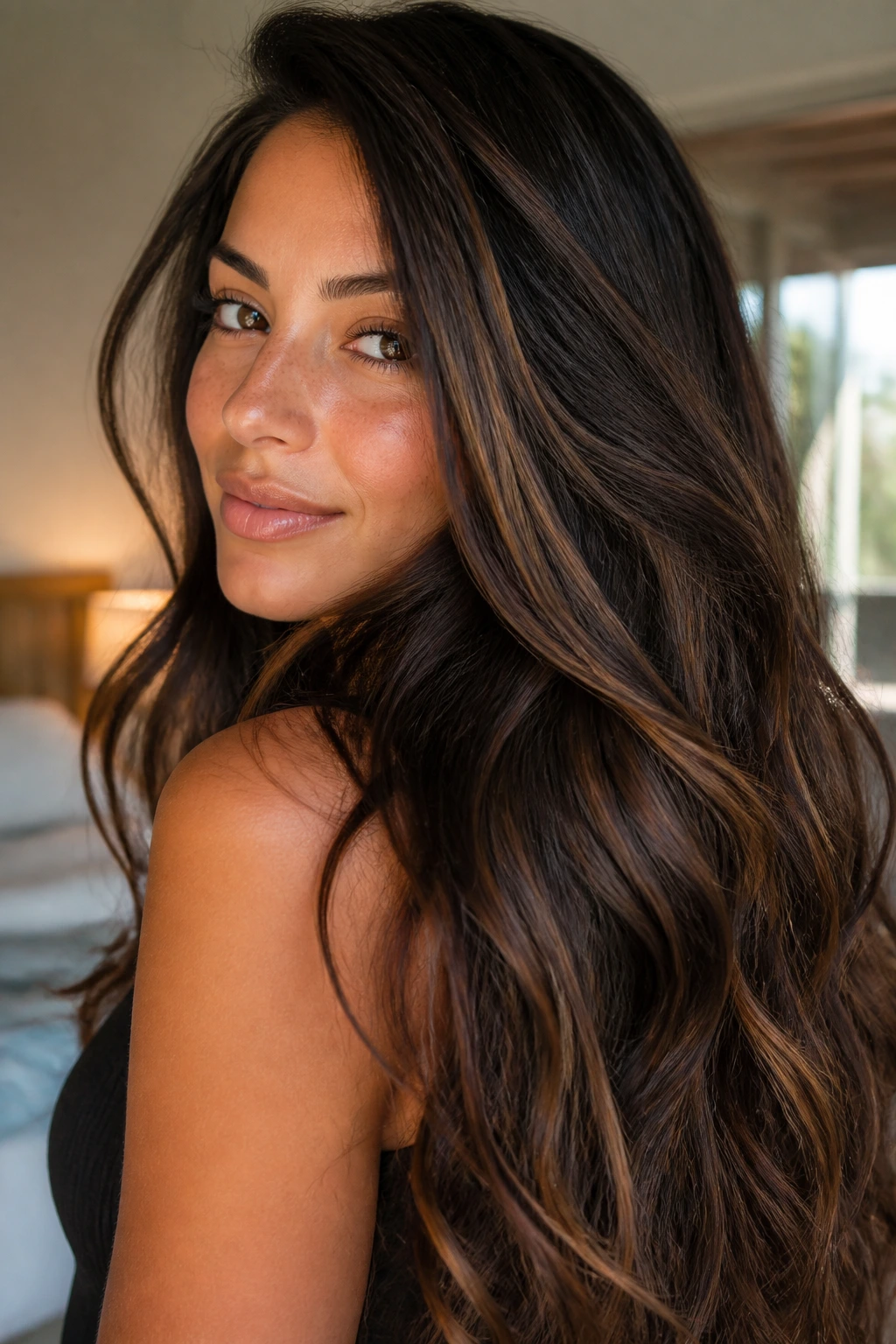 Close-up portrait of a real woman with long thick brunette hair and subtle ribbons for movement