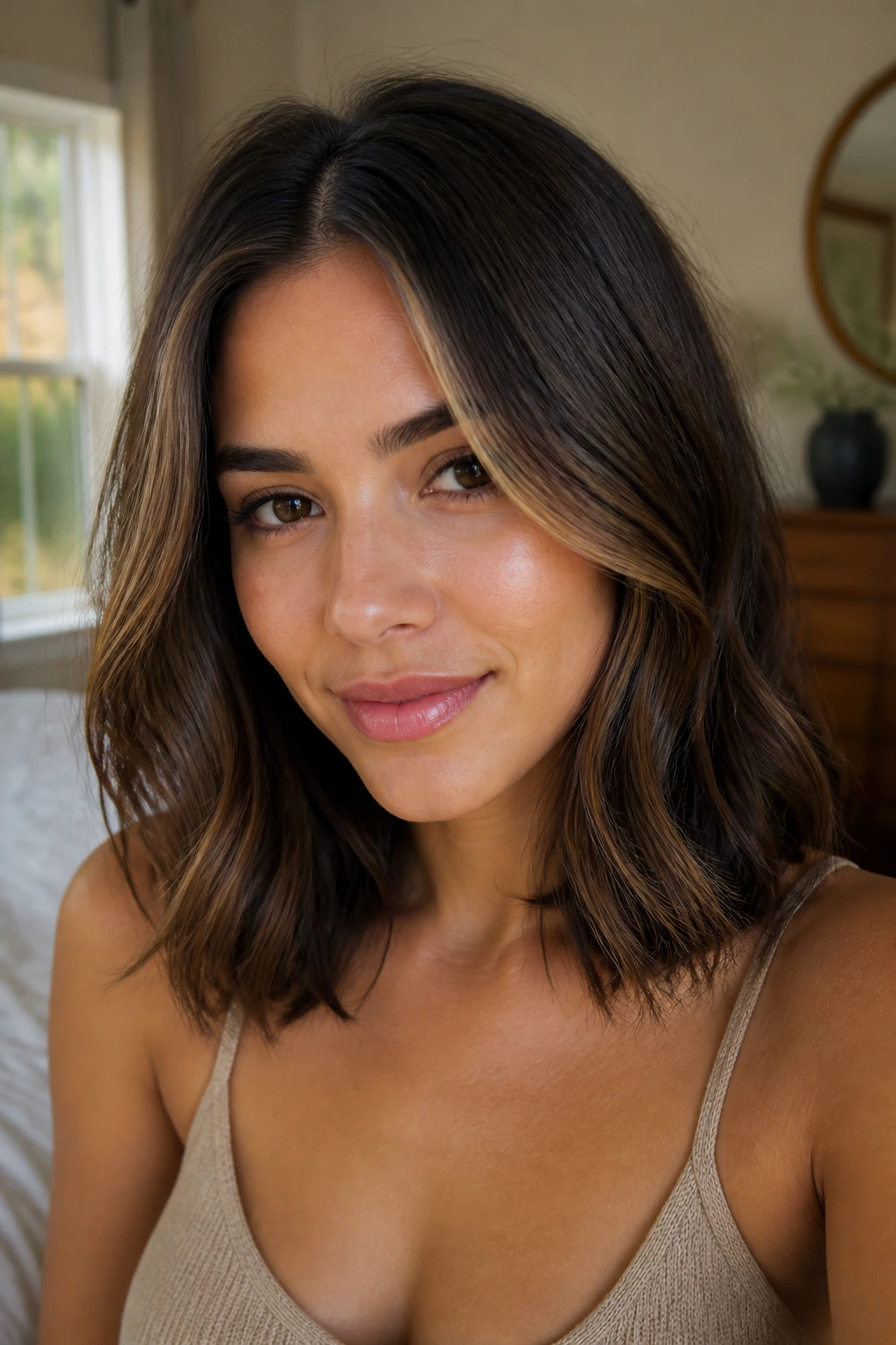 Close-up portrait of a real woman with medium-length brunette hair in soft waves and face-framing highlights.