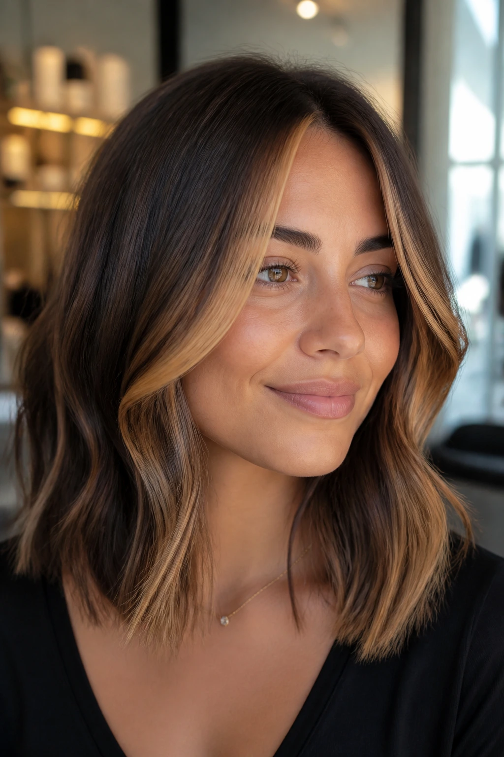 Close-up of brunette hair with honey money piece framing the face, medium-length hairstyle