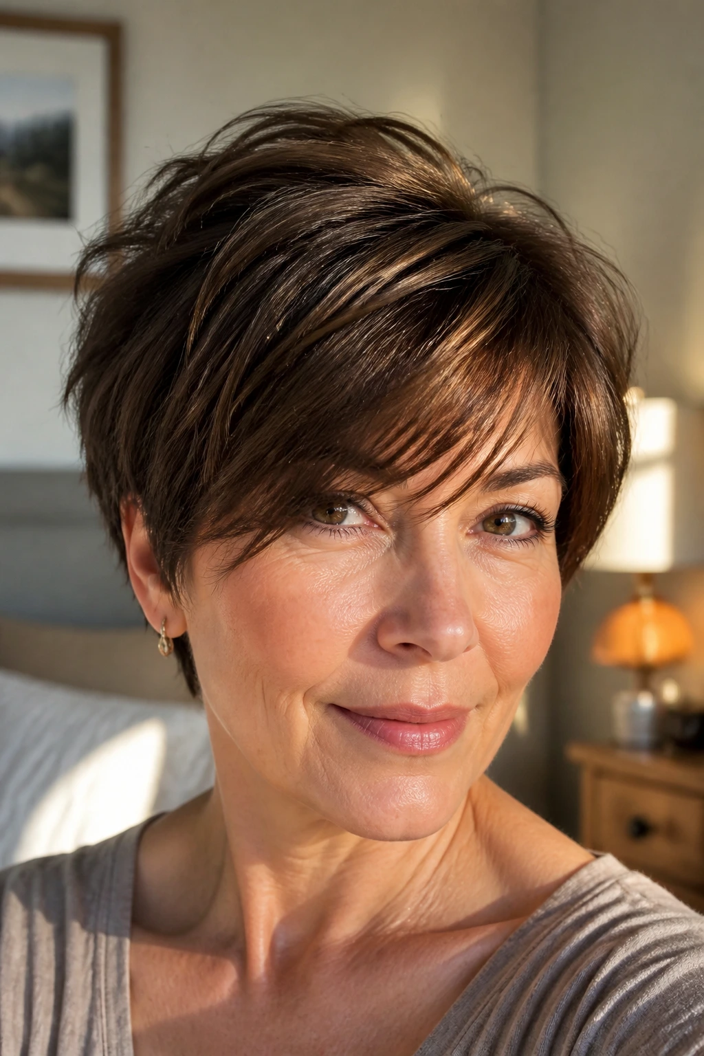 Portrait of a woman with a soft pixie bob and long fringe in warm daylight.
