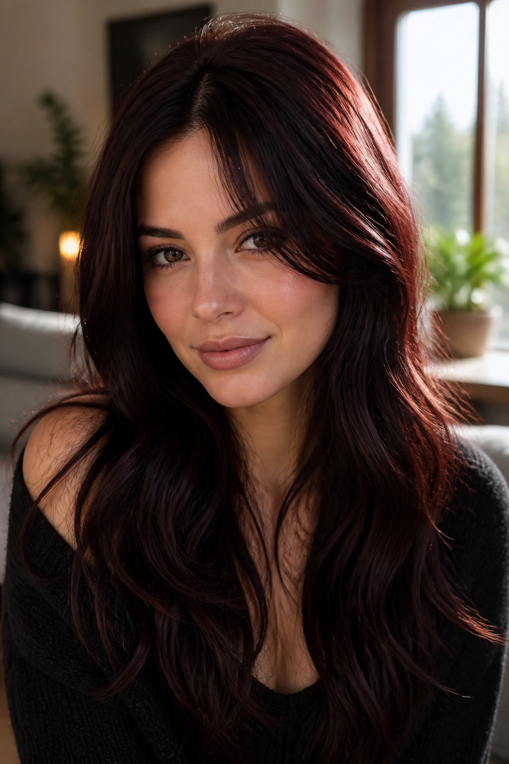 Close-up portrait of a real woman with brunette hair showing plum-red cast in movement