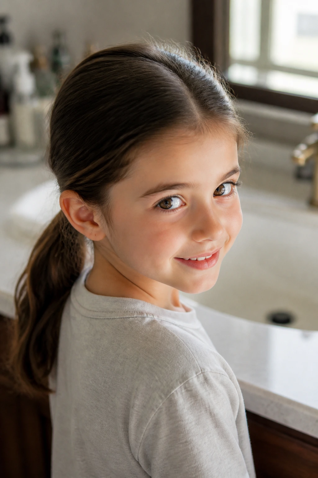 Close-up of brunette child with low ponytail at sink in bathroom
