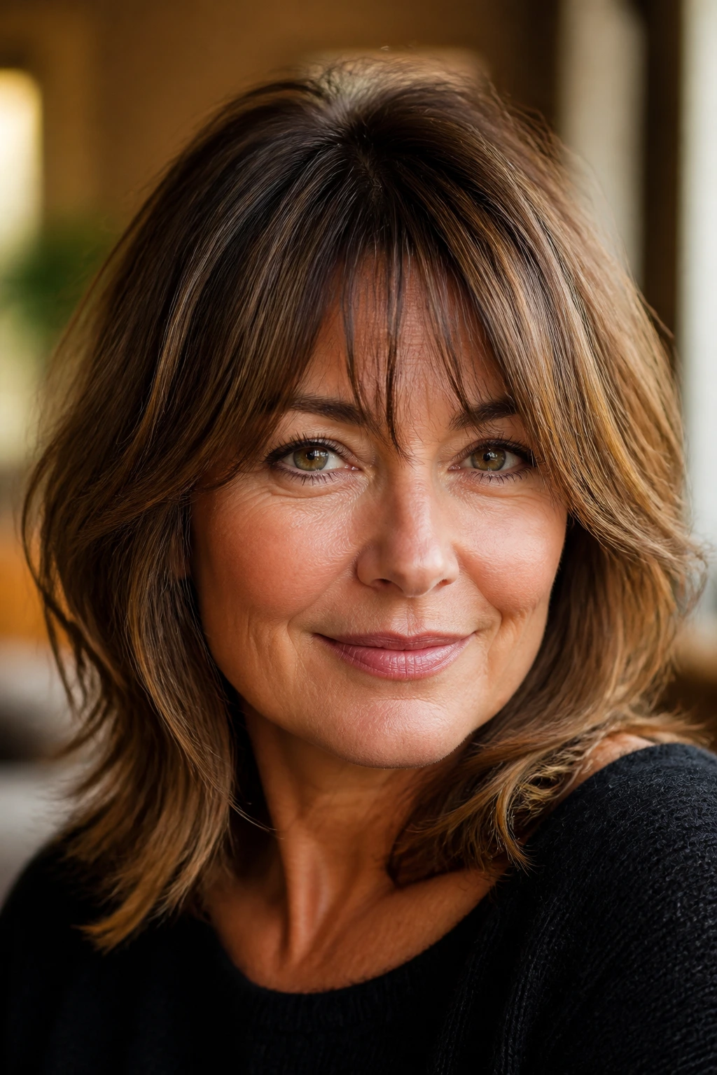 Portrait of brunette woman with dimensional shade and subtle fringe.