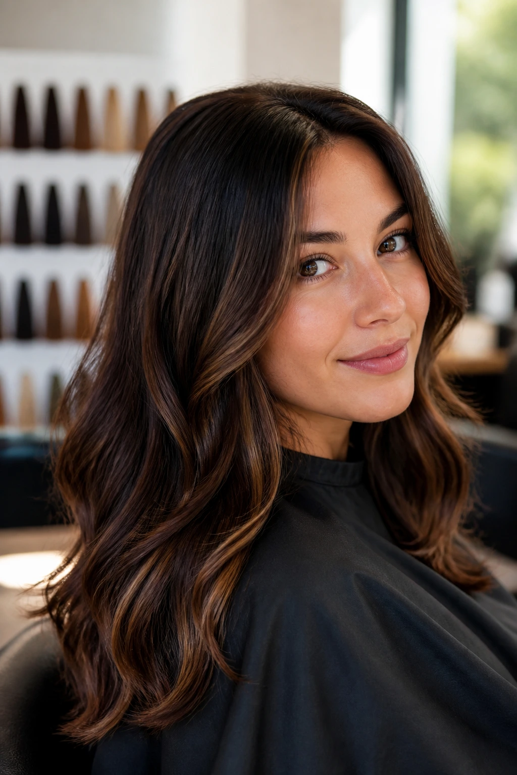 Portrait of a brunette with rich brown tones in a salon