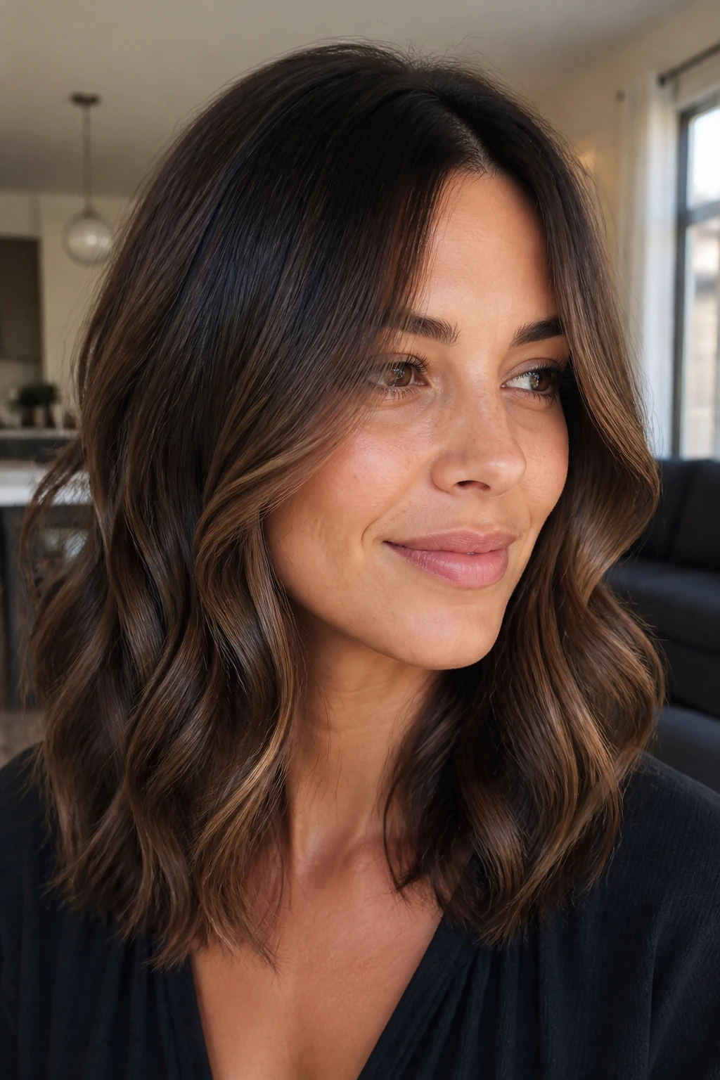 Close-up portrait of a woman with shoulder-length brunette hair and subtle balayage