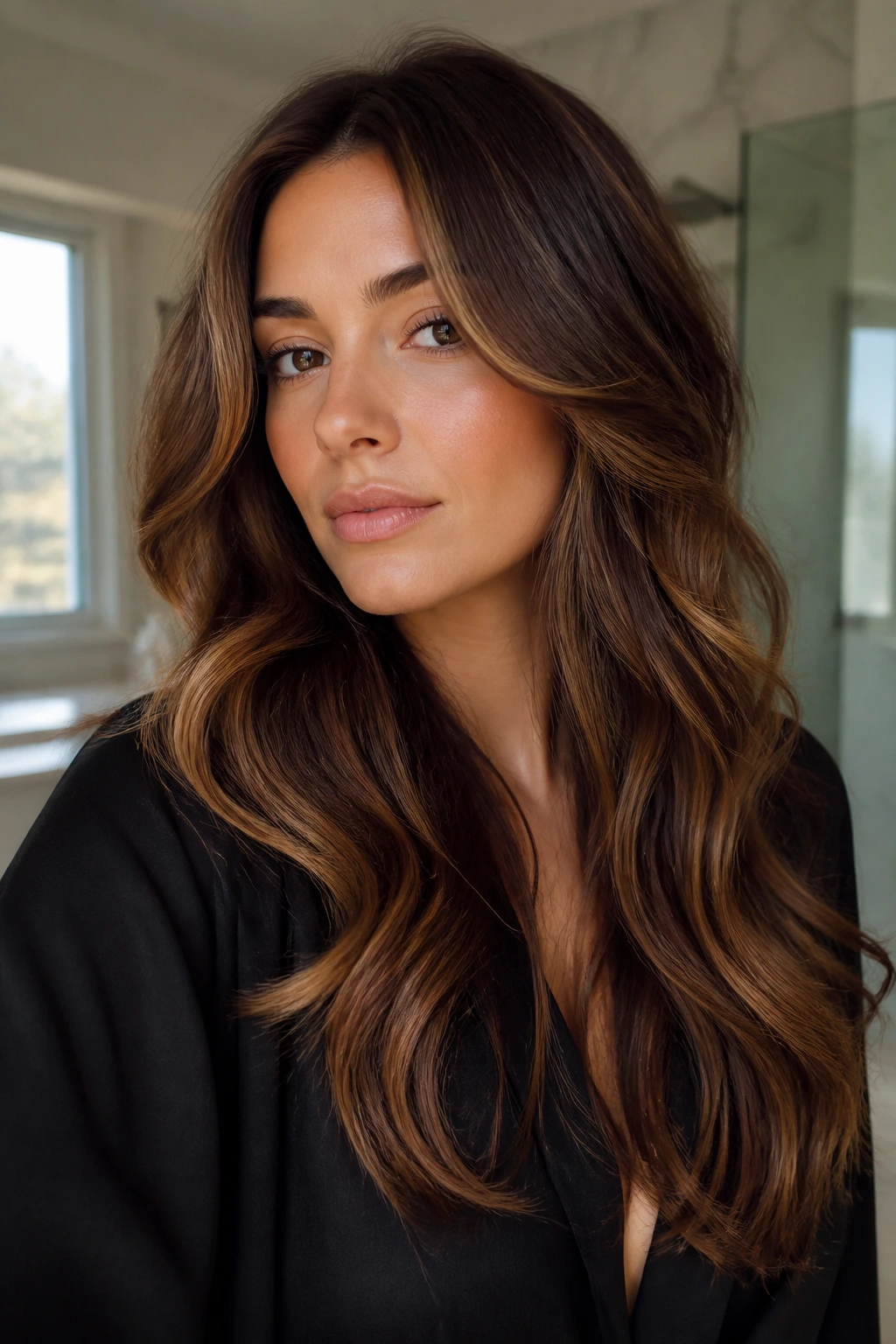 Close-up of a real woman with glossy brunette shades and caramel highlights in natural window light