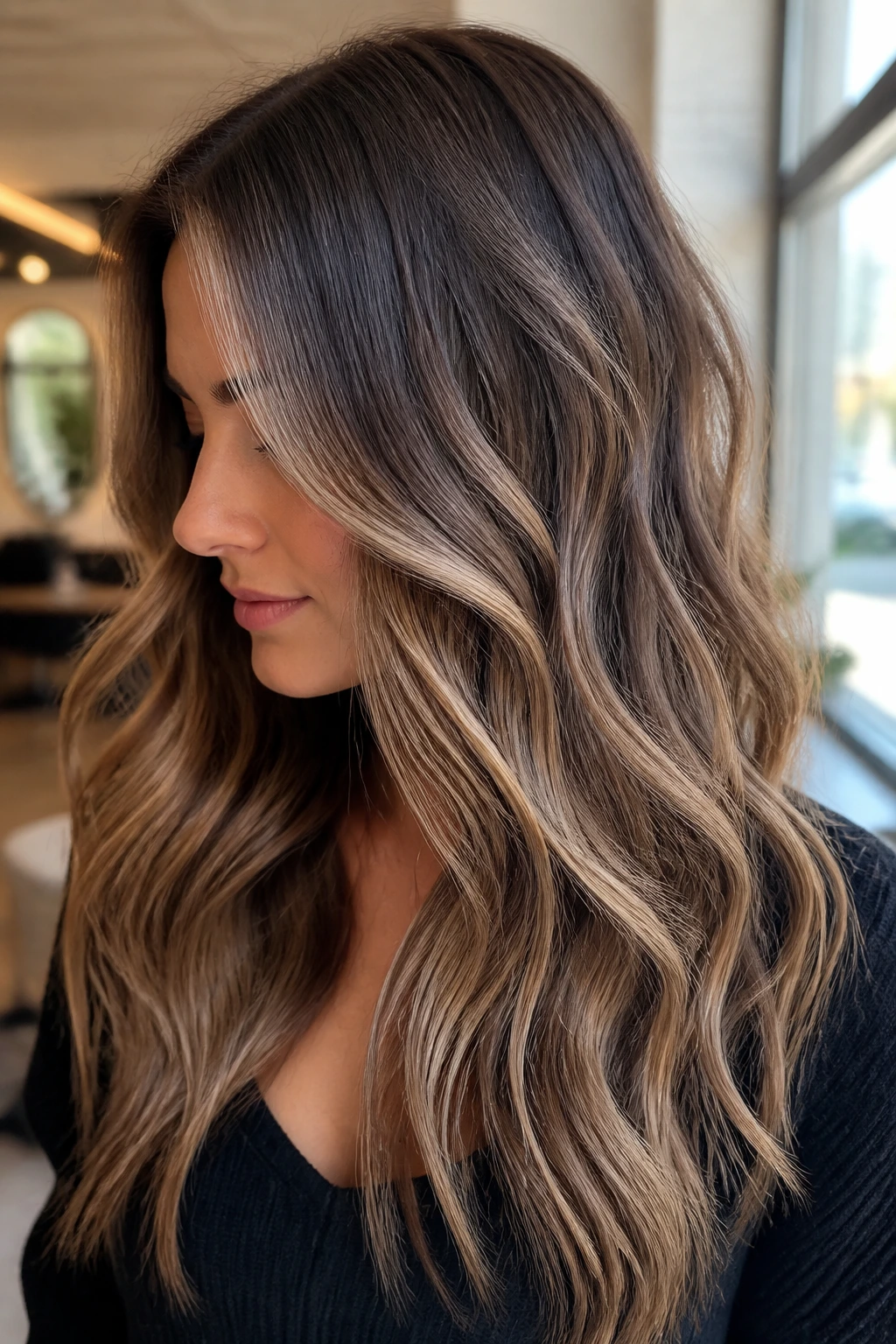 Close-up brunette hair with dark blonde shades beige honey ash taupe mushroom