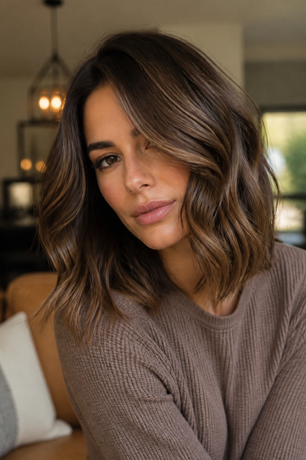 Portrait of a person with shoulder-length brown hair in loose waves and a soft side part