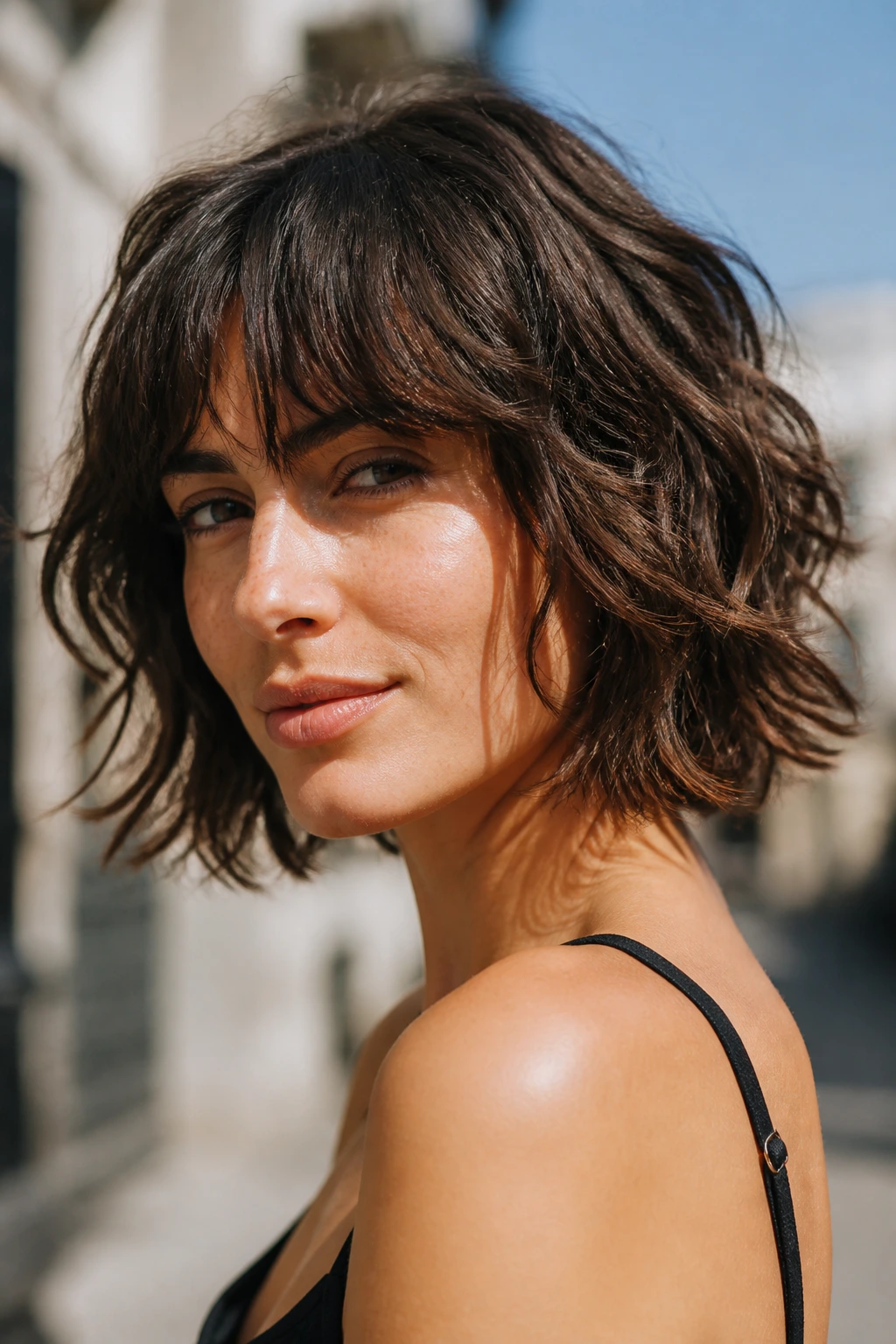 Brunette shaggy bob on wavy hair shown in wind-blown outdoor setting
