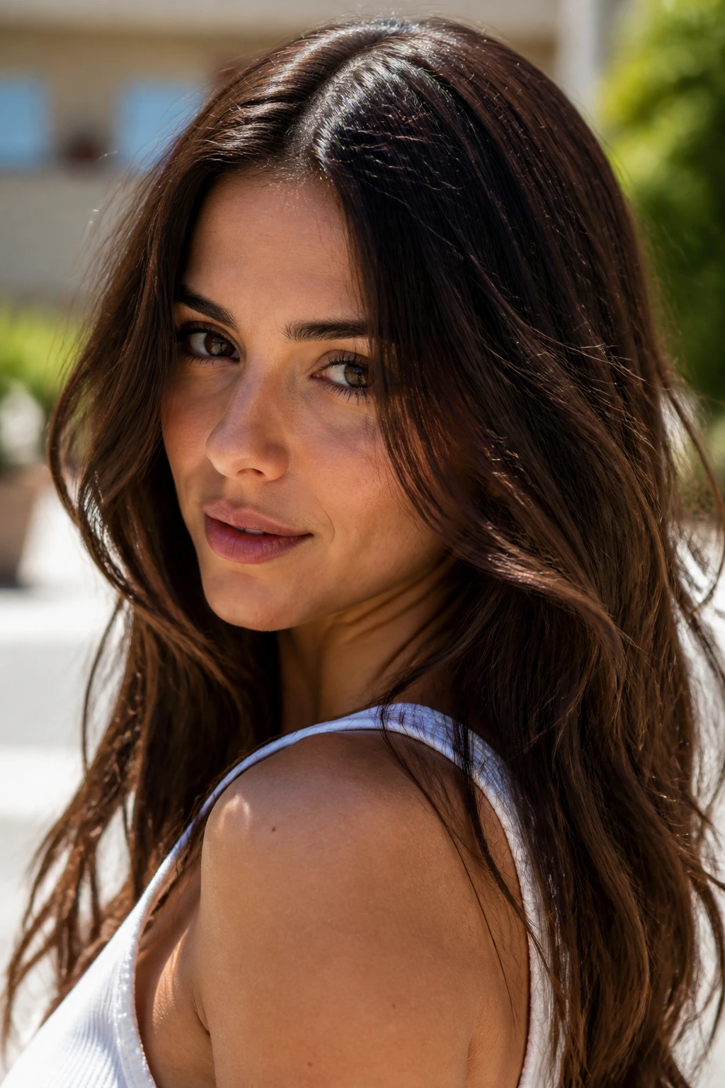 Close-up of a brunette with glossy hair under bright sunlight showing depth and shine.