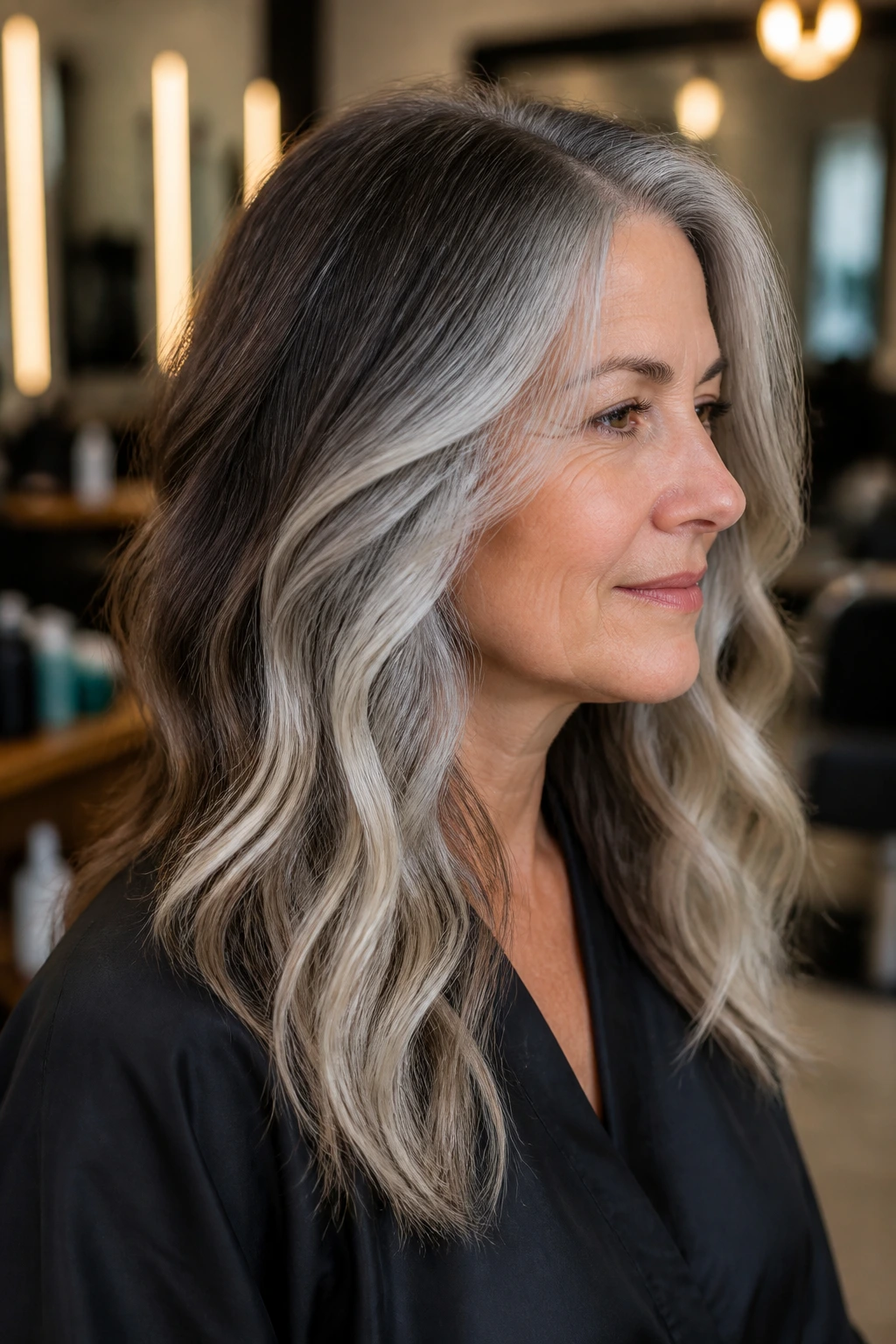 Close-up of a real woman's brunette-to-silver transition with shadow root in a salon